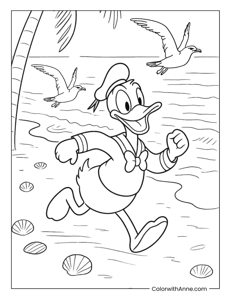 Donald Duck Running Along Beach Coloring Page