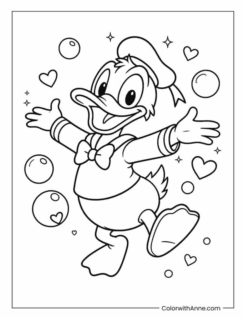 Donald Duck Running With Hearts Coloring Page