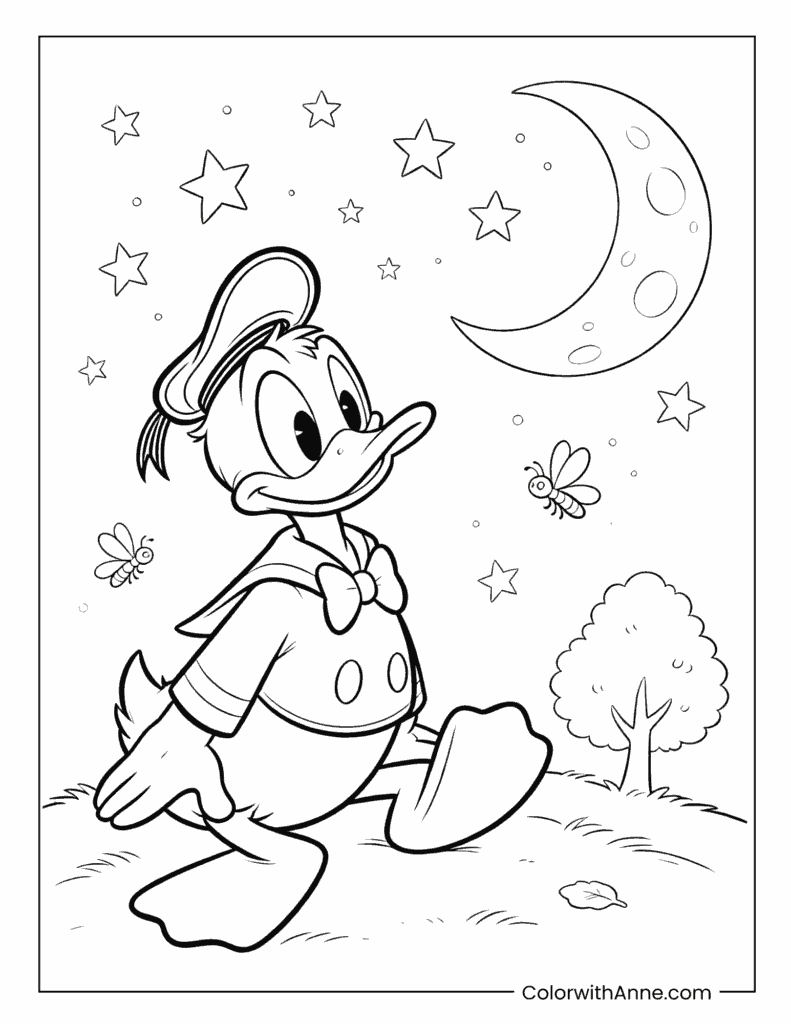 Donald Duck Under the Moon and Stars Coloring Page