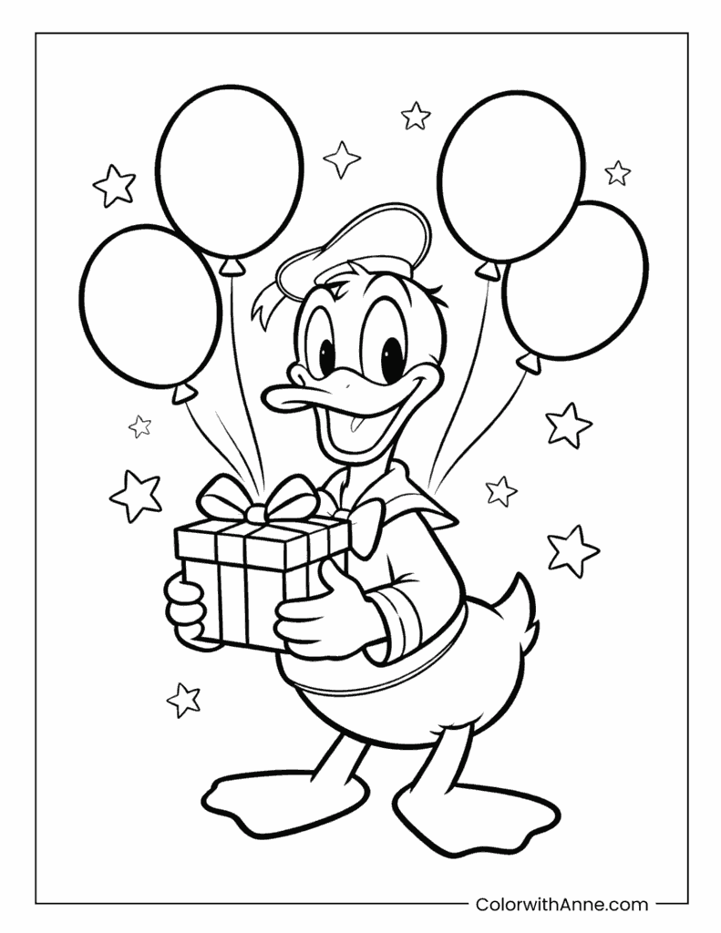 Donald Duck with Balloons and Gift Coloring Page