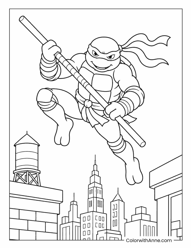 Donatello’s Rooftop Bo Staff Leap Coloring Page