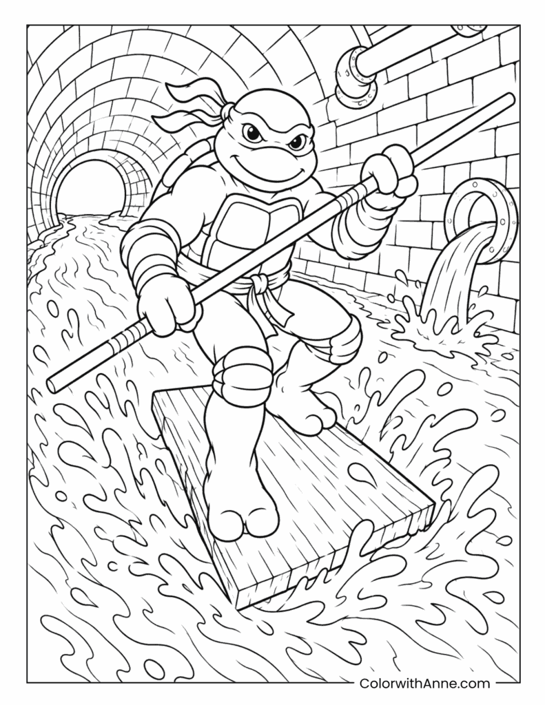 Donatello’s Sewer Surfing Coloring Page