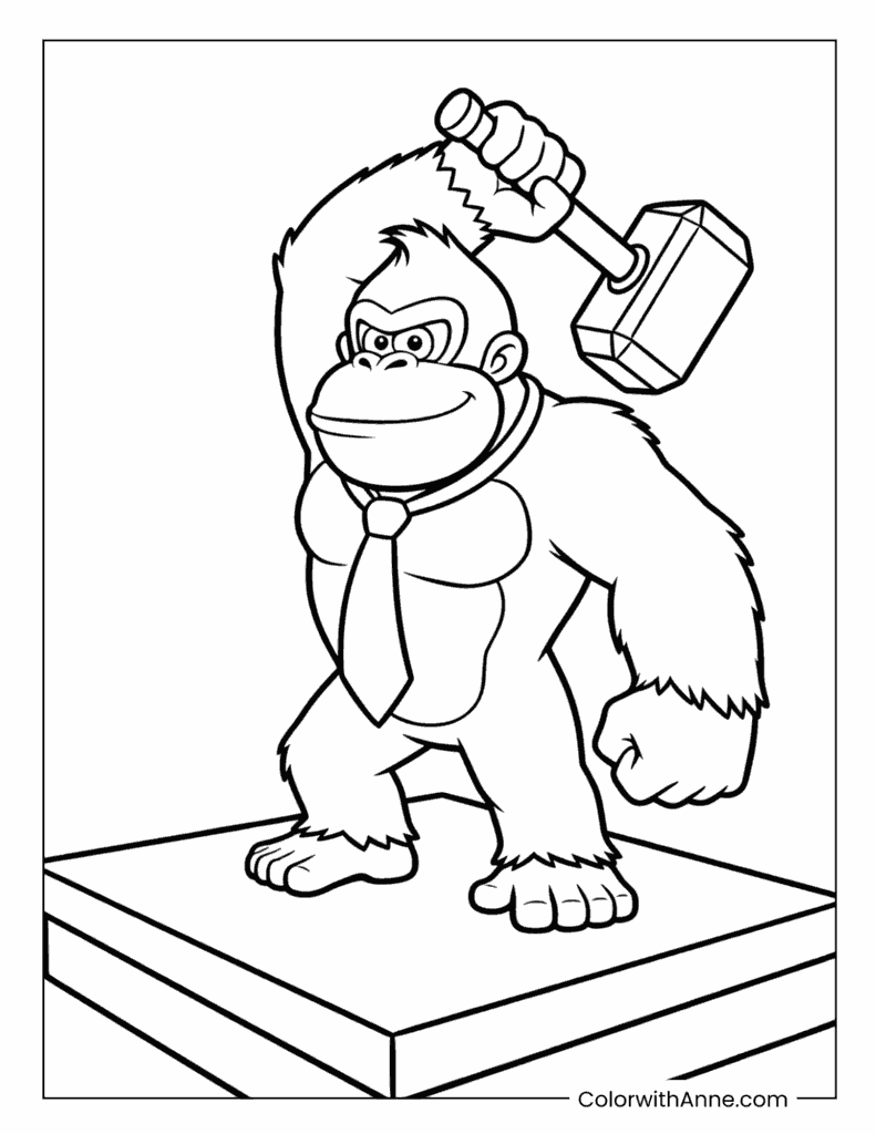 Donkey Kong Swinging a Giant Hammer Coloring Page
