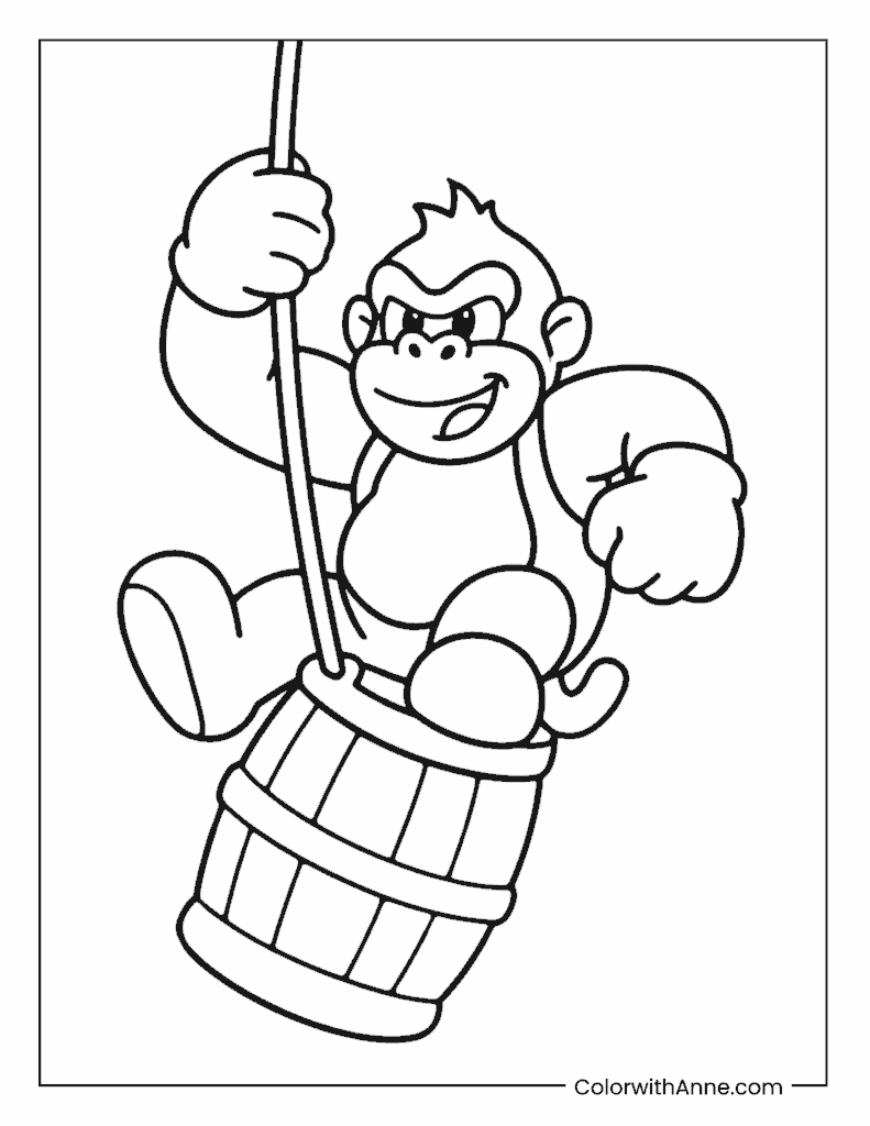 Donkey Kong Swinging on a Barrel Coloring Page
