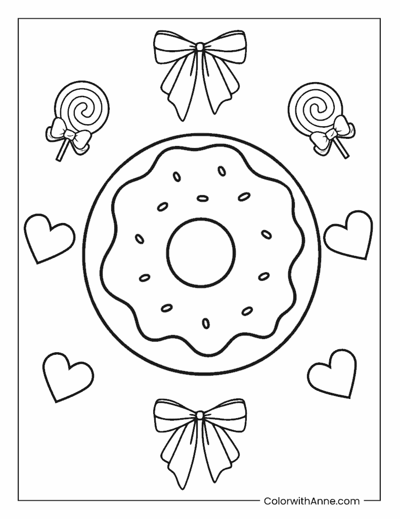 Donut Surrounded by Bows and Lollipops Coloring Page