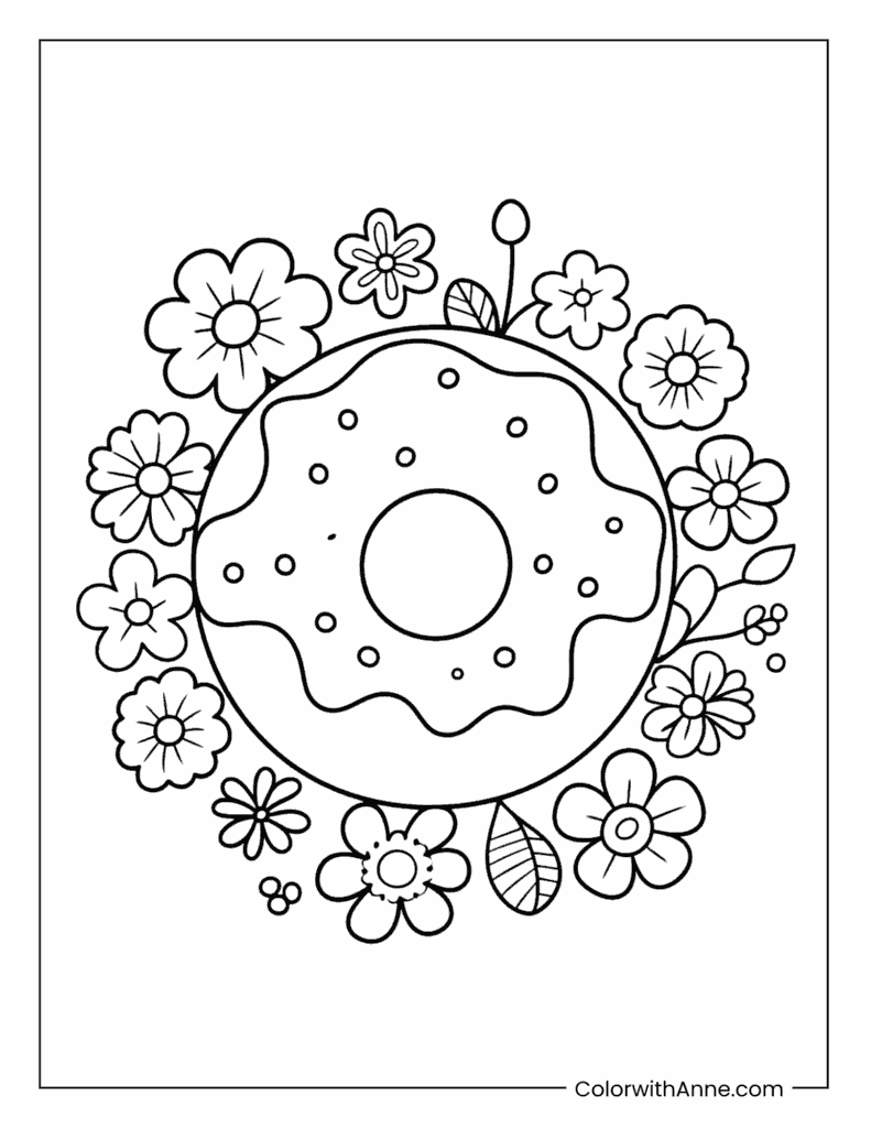 Donut Surrounded by Flowers Coloring Page