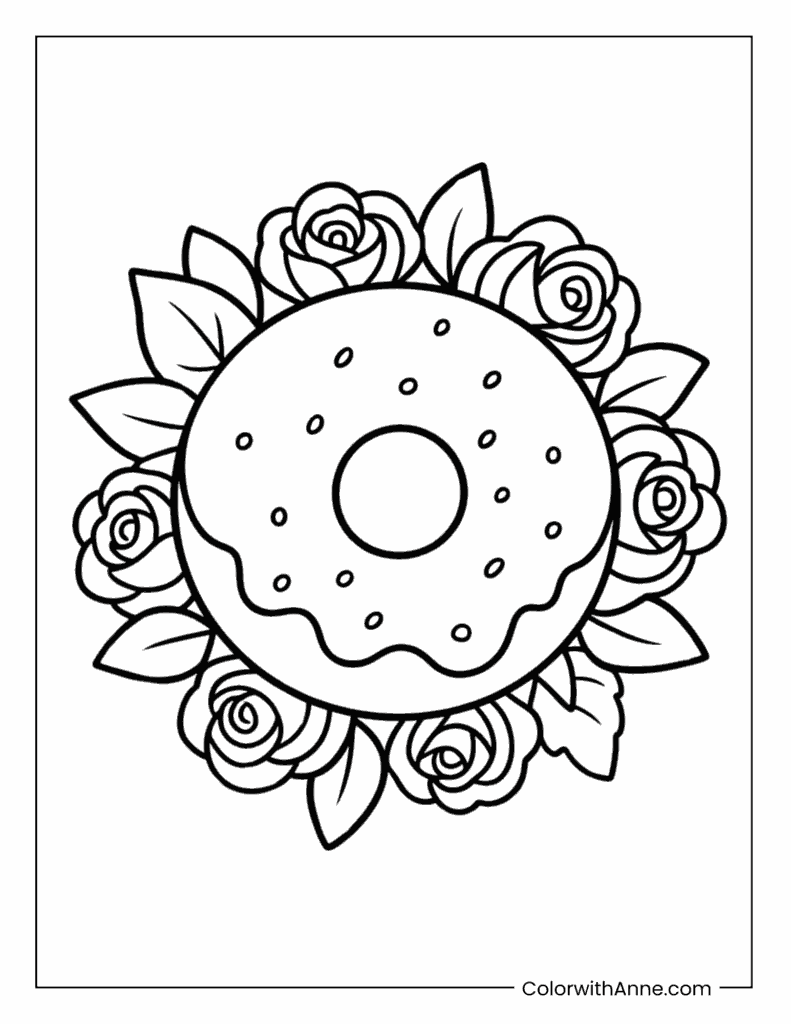 Donut Surrounded by Rose Flowers Coloring Page