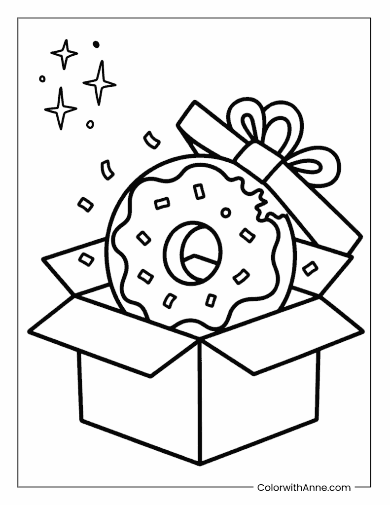 Donut in a Gift Box Coloring Page