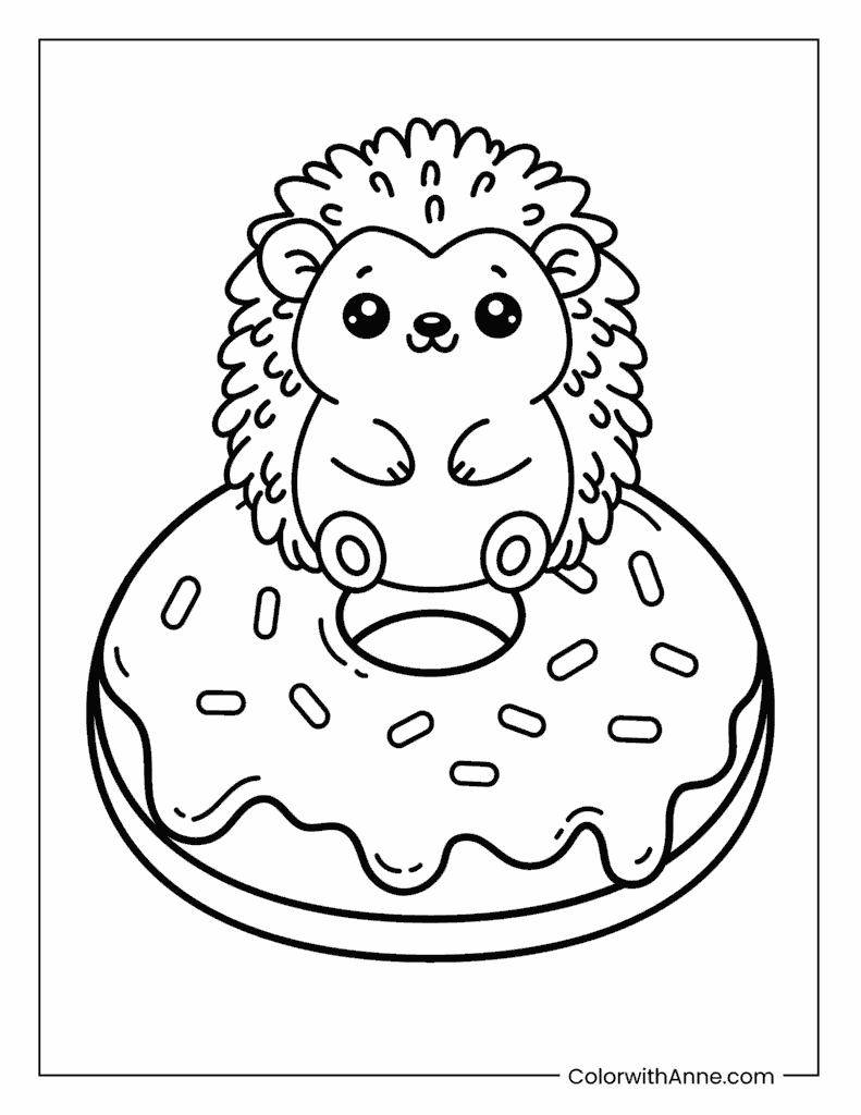 Donut with a Hedgehog Sitting on Top Coloring Page