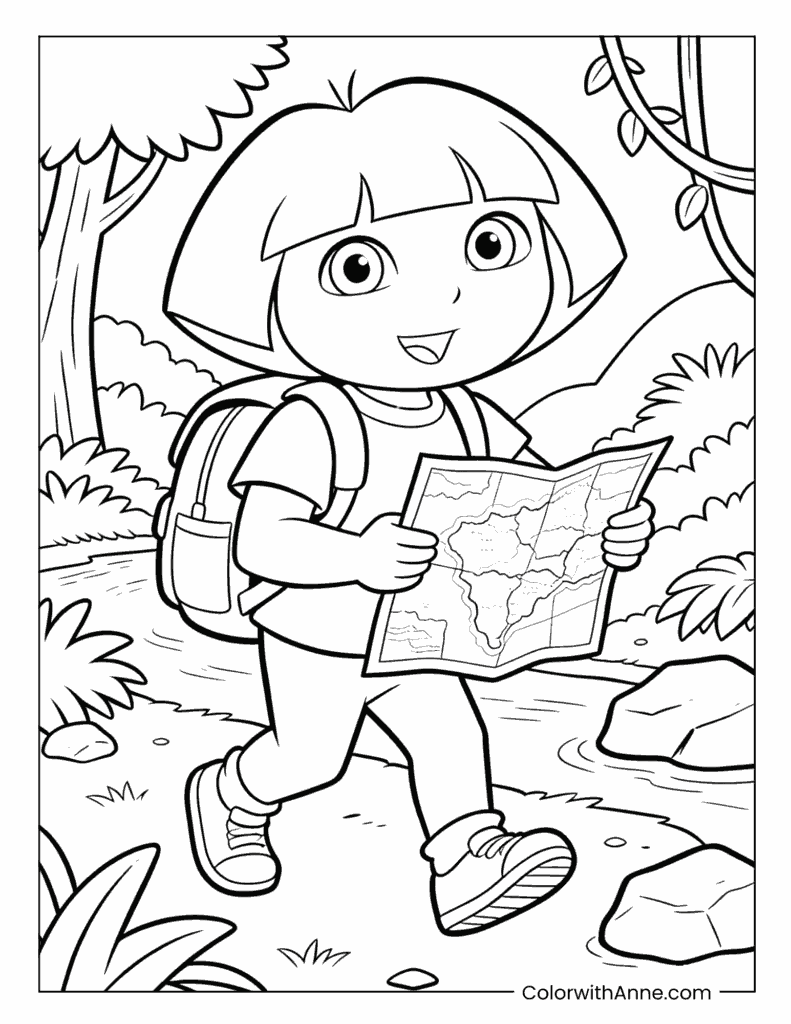 Dora Reading a Map in the Forest Coloring Page