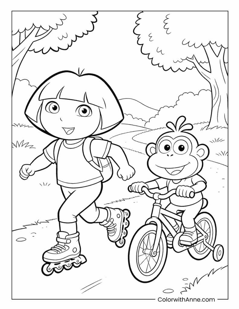 Dora Rollerblading with Boots on a Bike Coloring Page