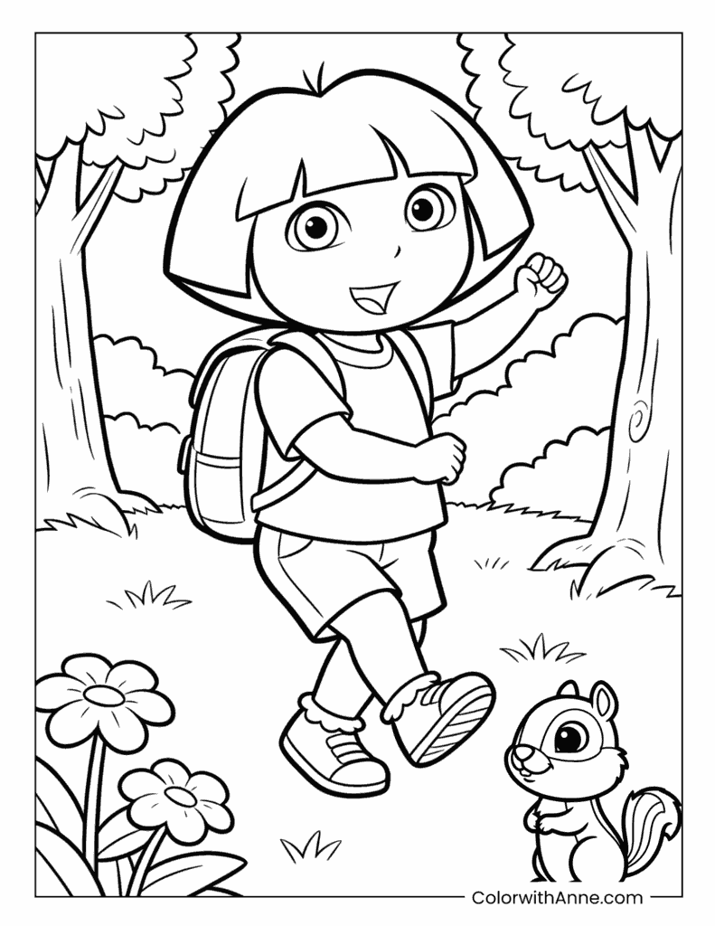 Dora Walking in the Forest Coloring Page