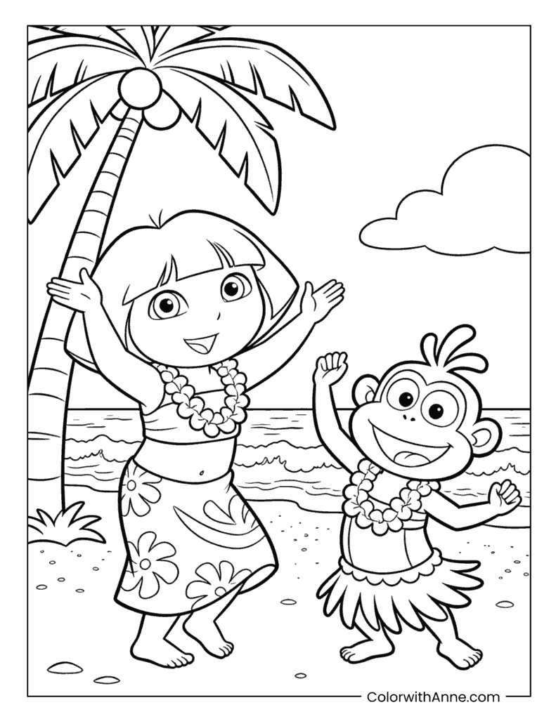 Dora and Boots Dancing on the Beach Coloring Page
