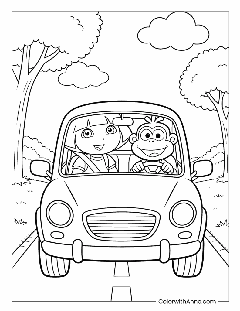 Dora and Boots Driving a Car Coloring Page
