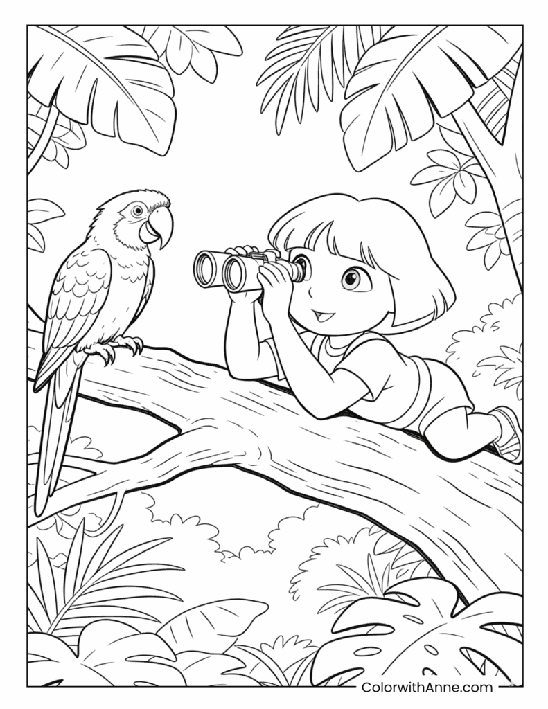 Dora and a Parrot on a Jungle Branch Coloring Page