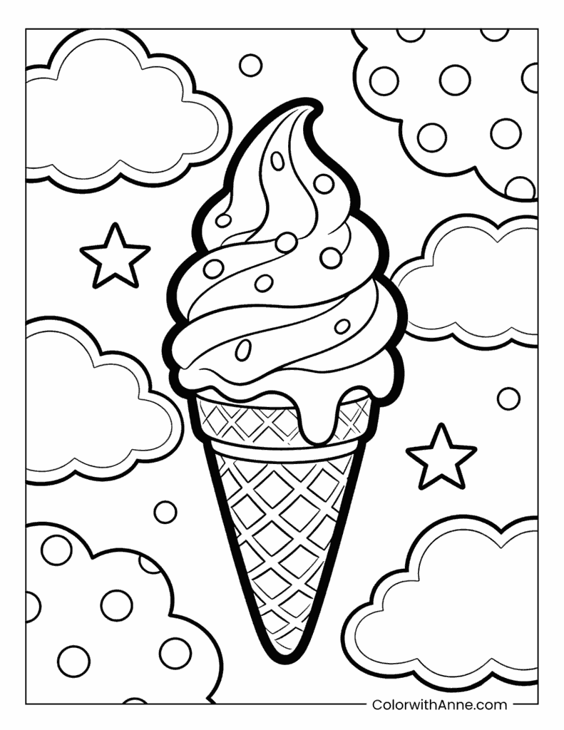 Dotted Ice Cream Cone with Clouds and Stars Coloring Page