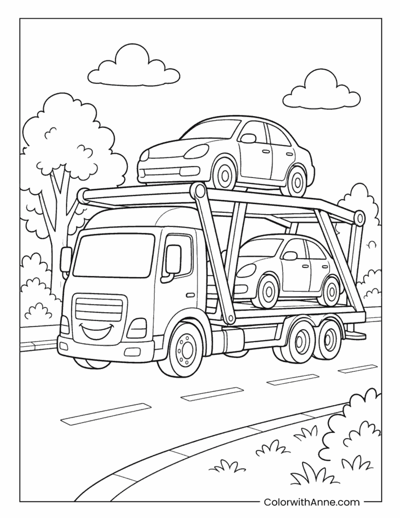 Double-Decker Car Transporter On Tree Lined Highway Coloring Page