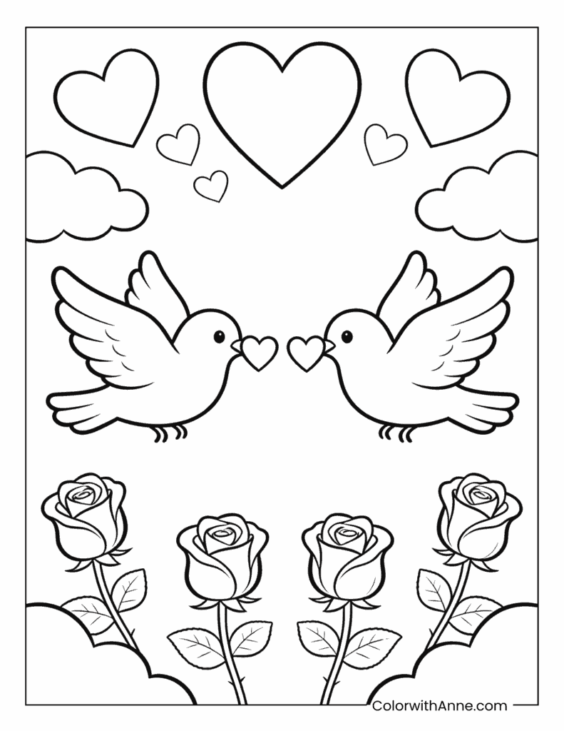 Doves, Hearts, and Roses Valentine's Day Coloring Page