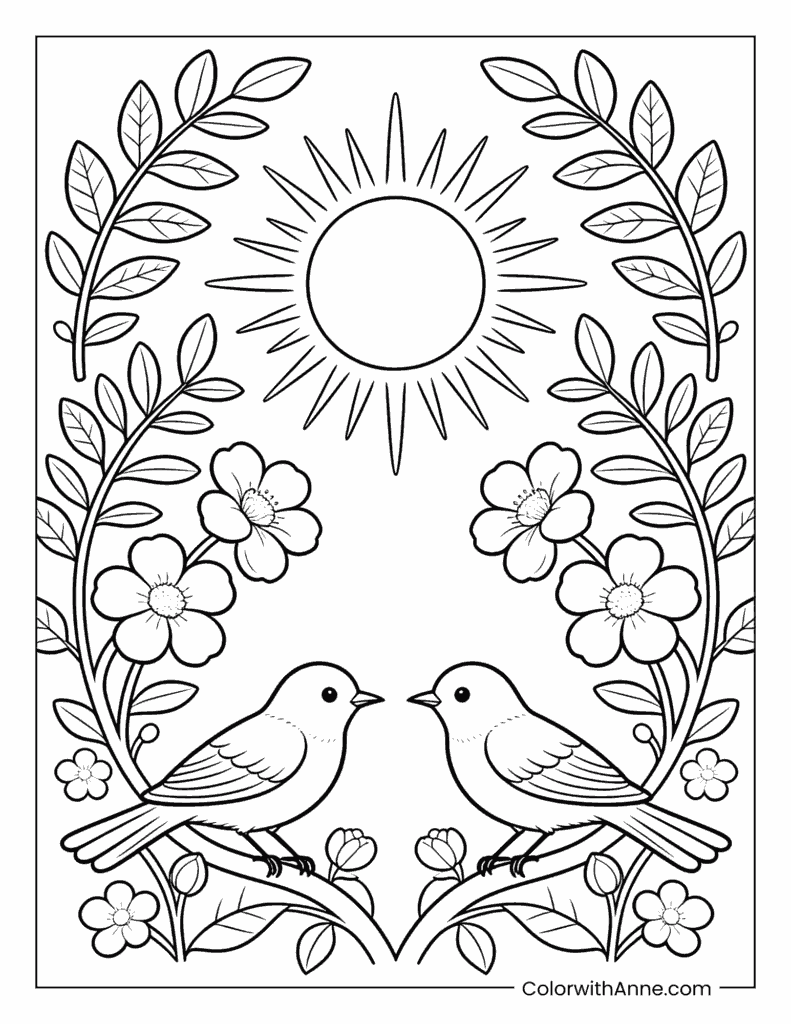 Doves and Spring Flowers March Coloring Page
