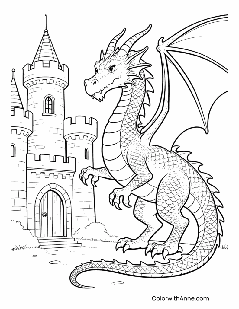 Dragon Guarding a Castle Coloring Page