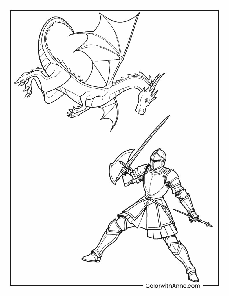 Dragon and Knight Battle Coloring Page