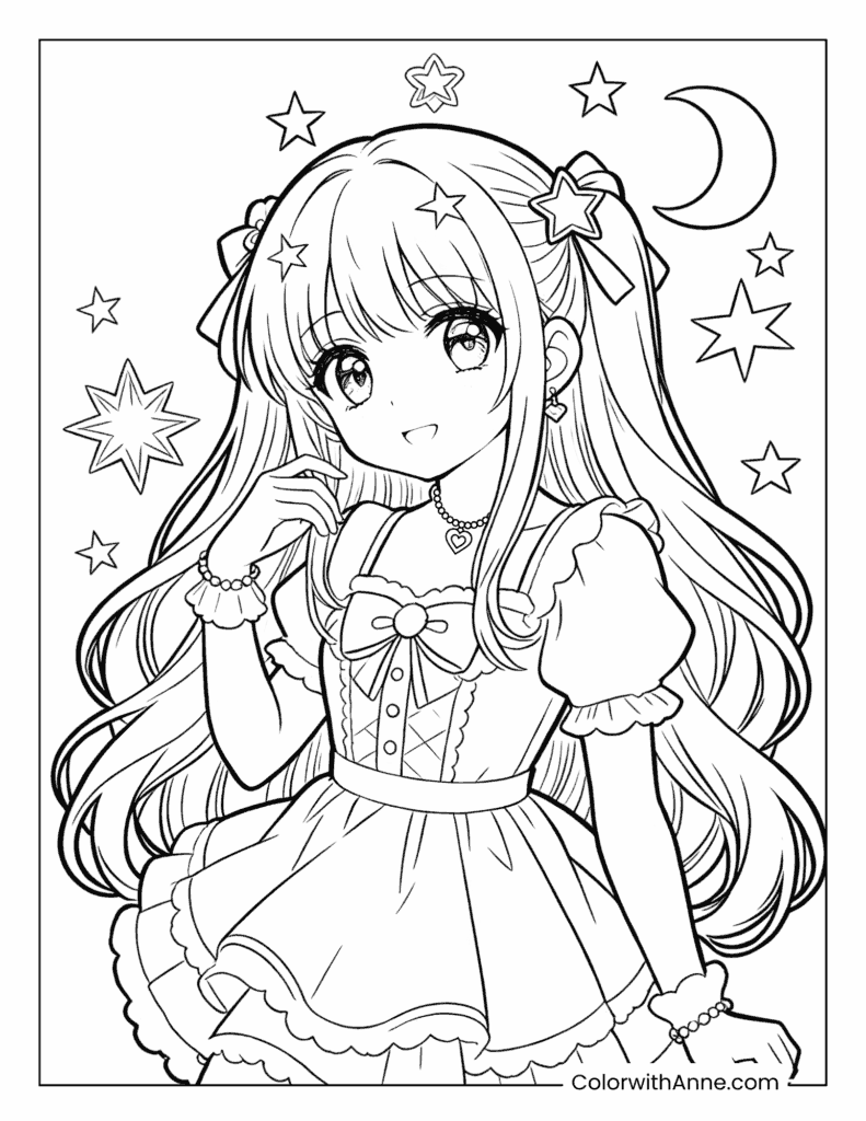 Dreamy Starry Night Anime Girl Coloring Page