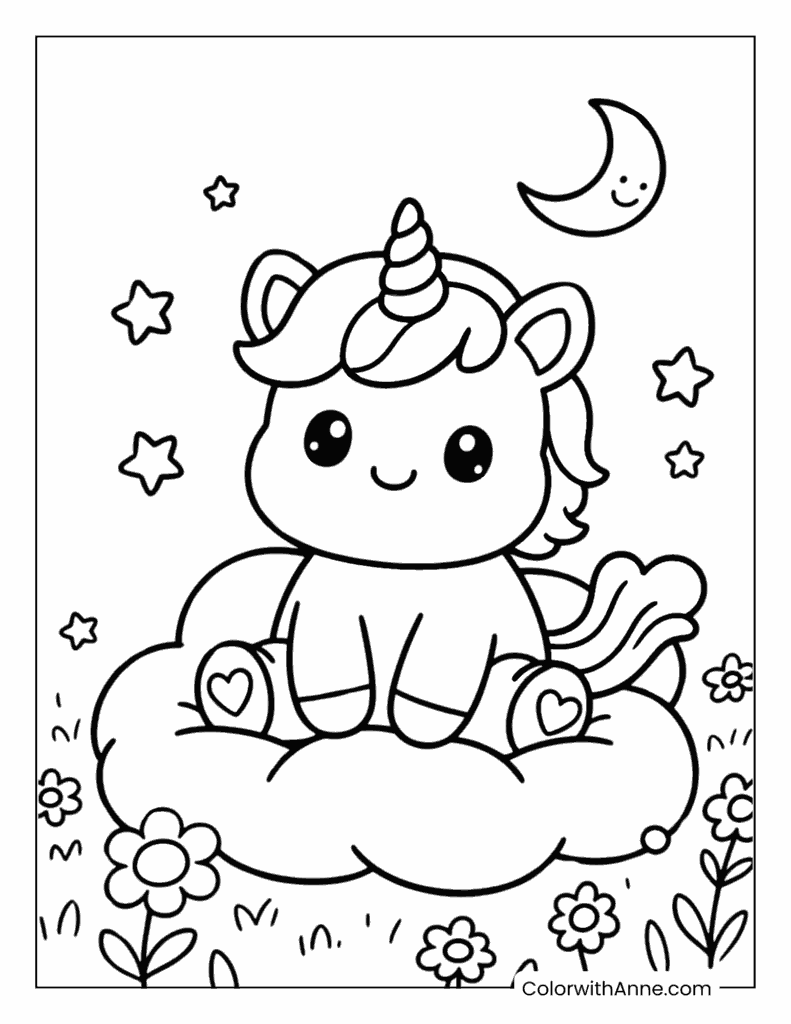 Dreamy Unicorn Meadow Coloring Page