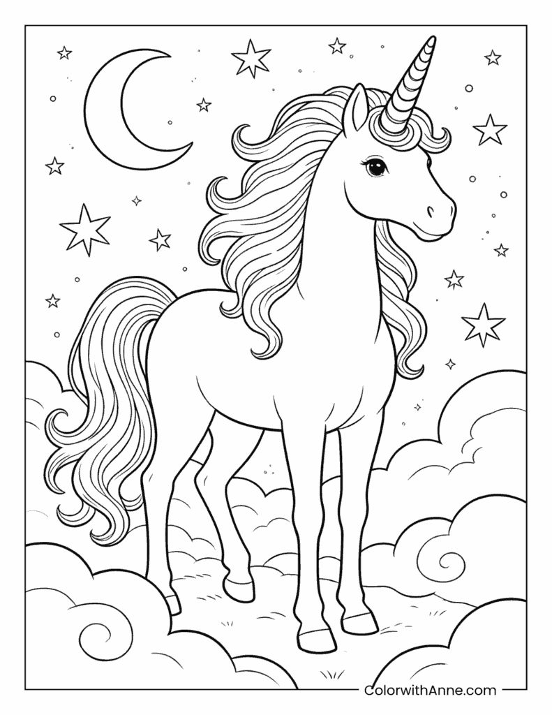 Dreamy Unicorn Standing on a Cloud Under the Moon and Stars Coloring Page