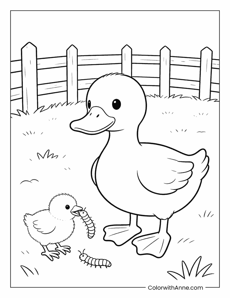 Duck, Chick, and Fence with Worms Coloring Page