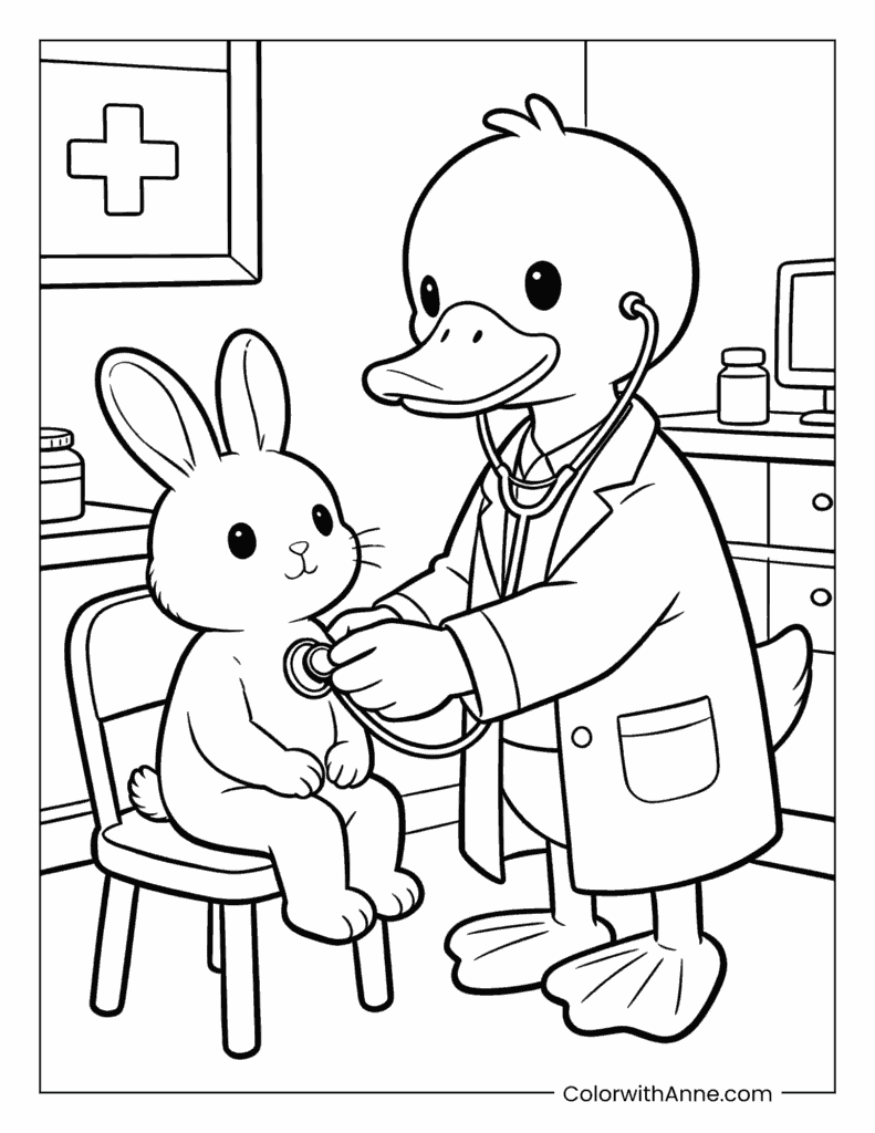 Duck Veterinarian with Bunny Patient Coloring Page