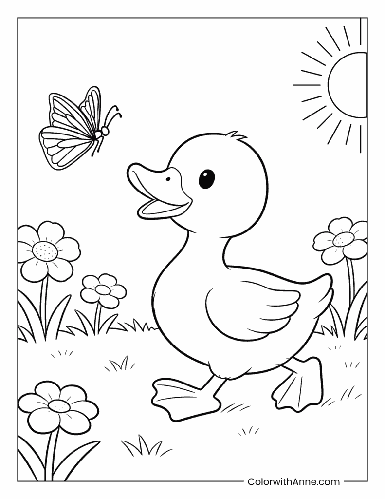 Duck and Butterfly in a Flower Field Coloring Page