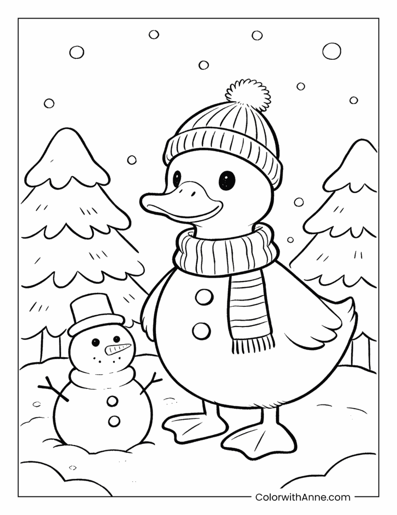 Duck and Snowman in Winter Clothing Coloring Page