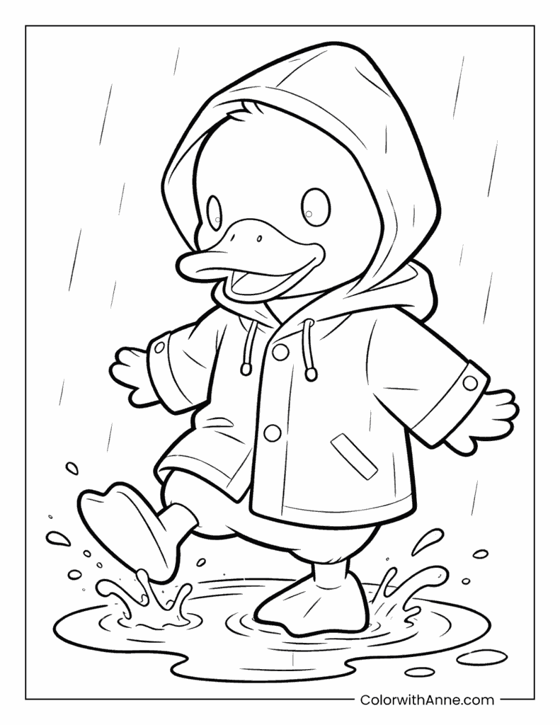 Duck in a Raincoat Splashing in Puddles Coloring Page