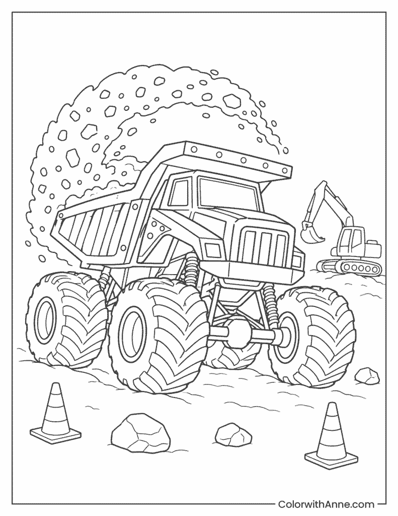 Dump Truck Monster Scoops Dirt Coloring Page