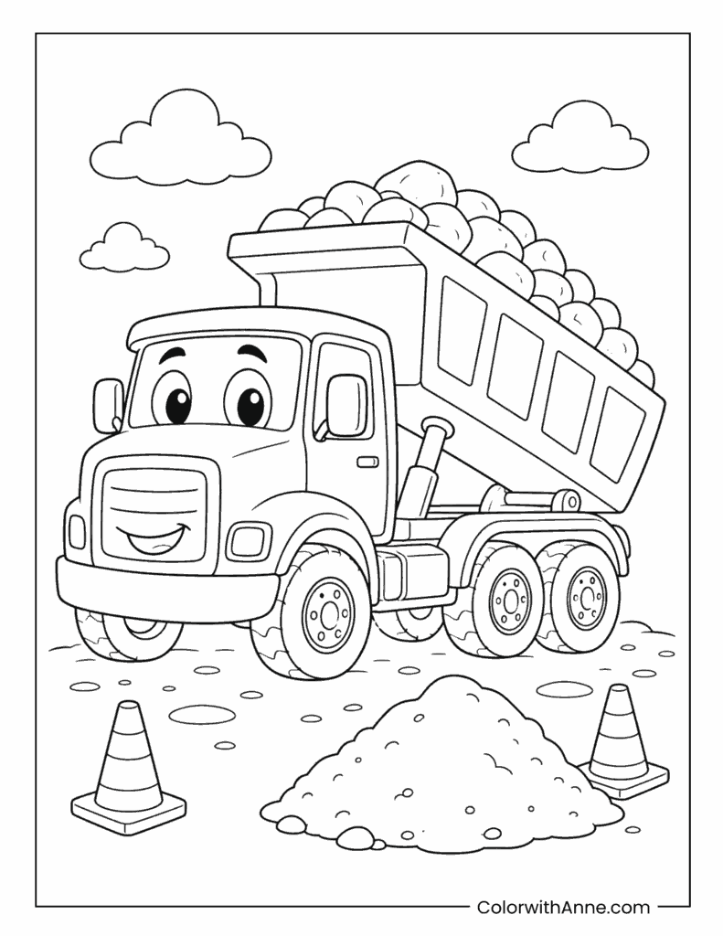 Dump Truck Unloading Sand At Road Work Zone Coloring Page