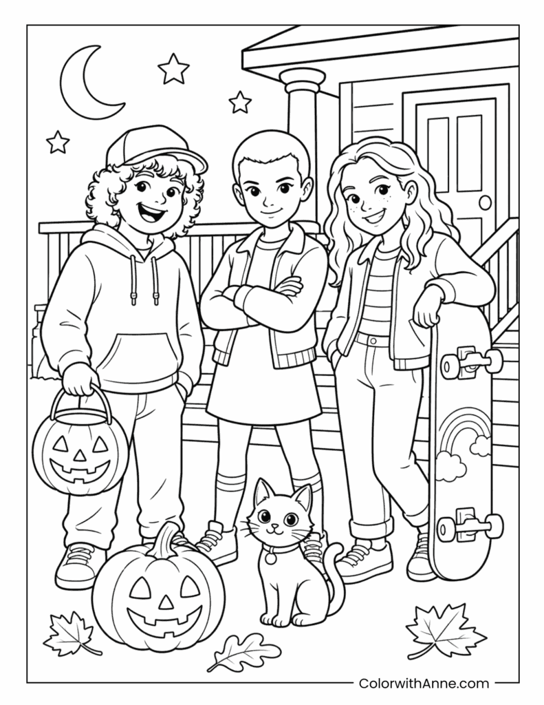 Dustin, Eleven and Max Stranger Things Halloween Coloring Page