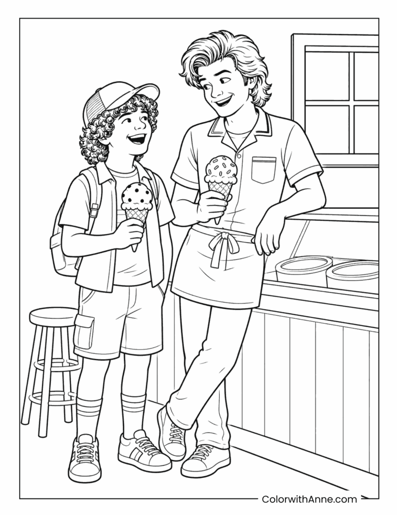Dustin and Steve Ice Cream Shop Coloring Page