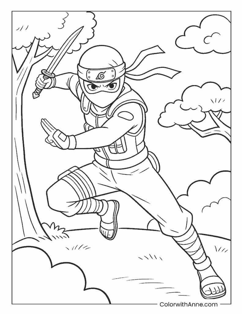 Dynamic Ninja Leaping with Katana Coloring Page