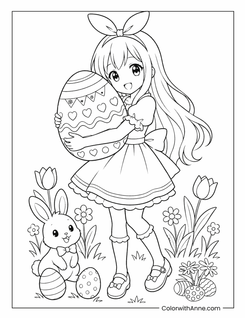Easter Anime Girl with Bunny and Egg Coloring Page