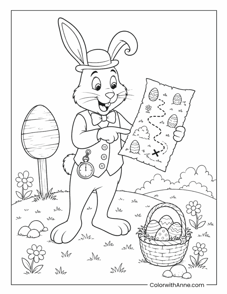 Easter Bunny Following an Egg Hunt Map Coloring Page