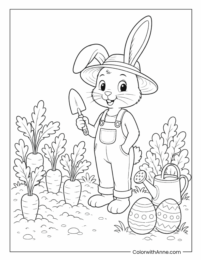 Easter Bunny Gardening with Carrots and Eggs Coloring Page