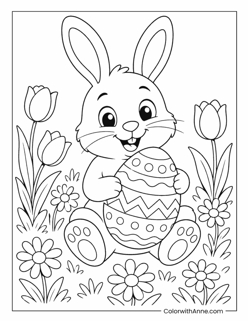 Easter Bunny Holding a Decorated Egg Among Flowers Coloring Page