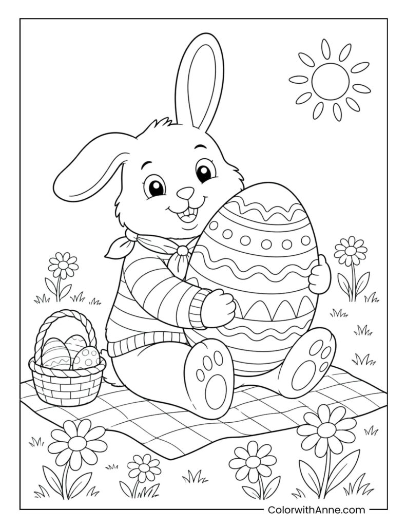 Easter Bunny Hugging a Giant Decorated Egg on a Picnic Blanket Coloring Page