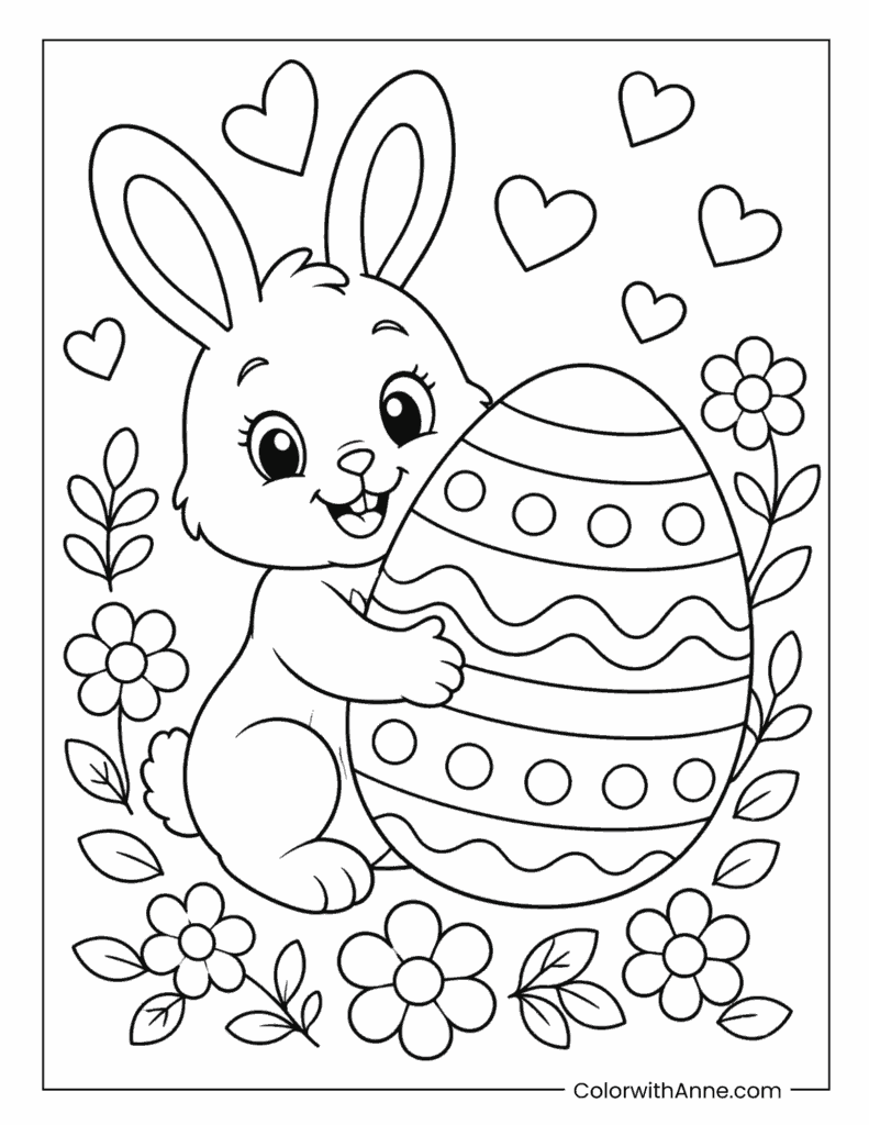 Easter Bunny Hugging a Giant Easter Egg Coloring Page
