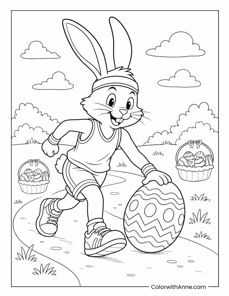 Easter Bunny Rolling a Giant Easter Egg Coloring Page