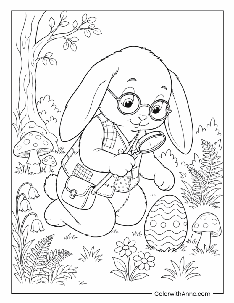 Easter Bunny Searching for Eggs with a Magnifying Glass Coloring Page