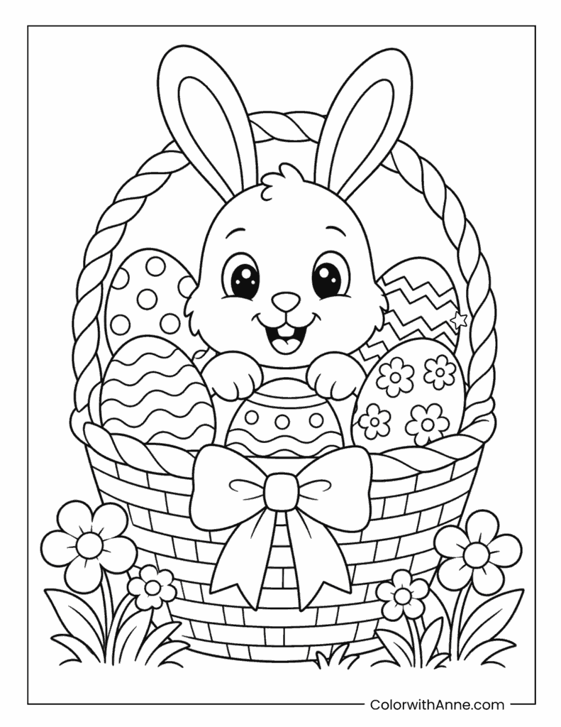 Easter Bunny Sitting in an Easter Basket Coloring Page