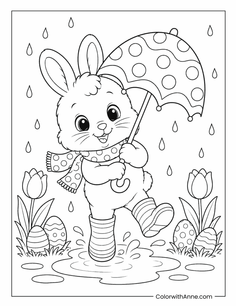 Easter Bunny Walking in the Rain with an Umbrella Coloring Page
