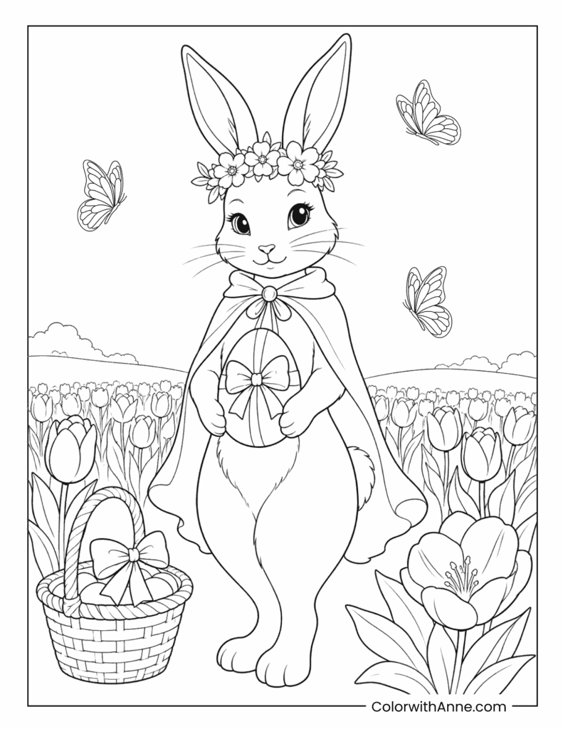 Easter Bunny Wearing a Flower Crown in a Tulip Field Coloring Page