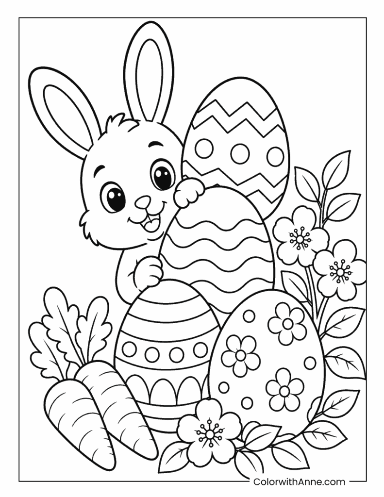 Easter Bunny with Giant Eggs and Carrots Coloring Page